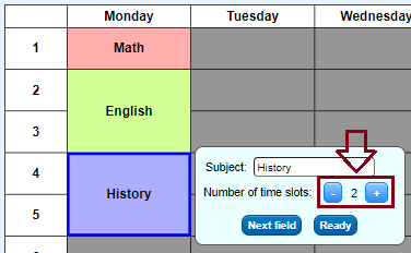 Set number of time slots the appointment for a subject can run over several time slots. set number of time slots