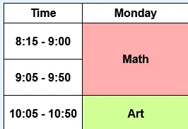 schedule with time Extract from timetable with times